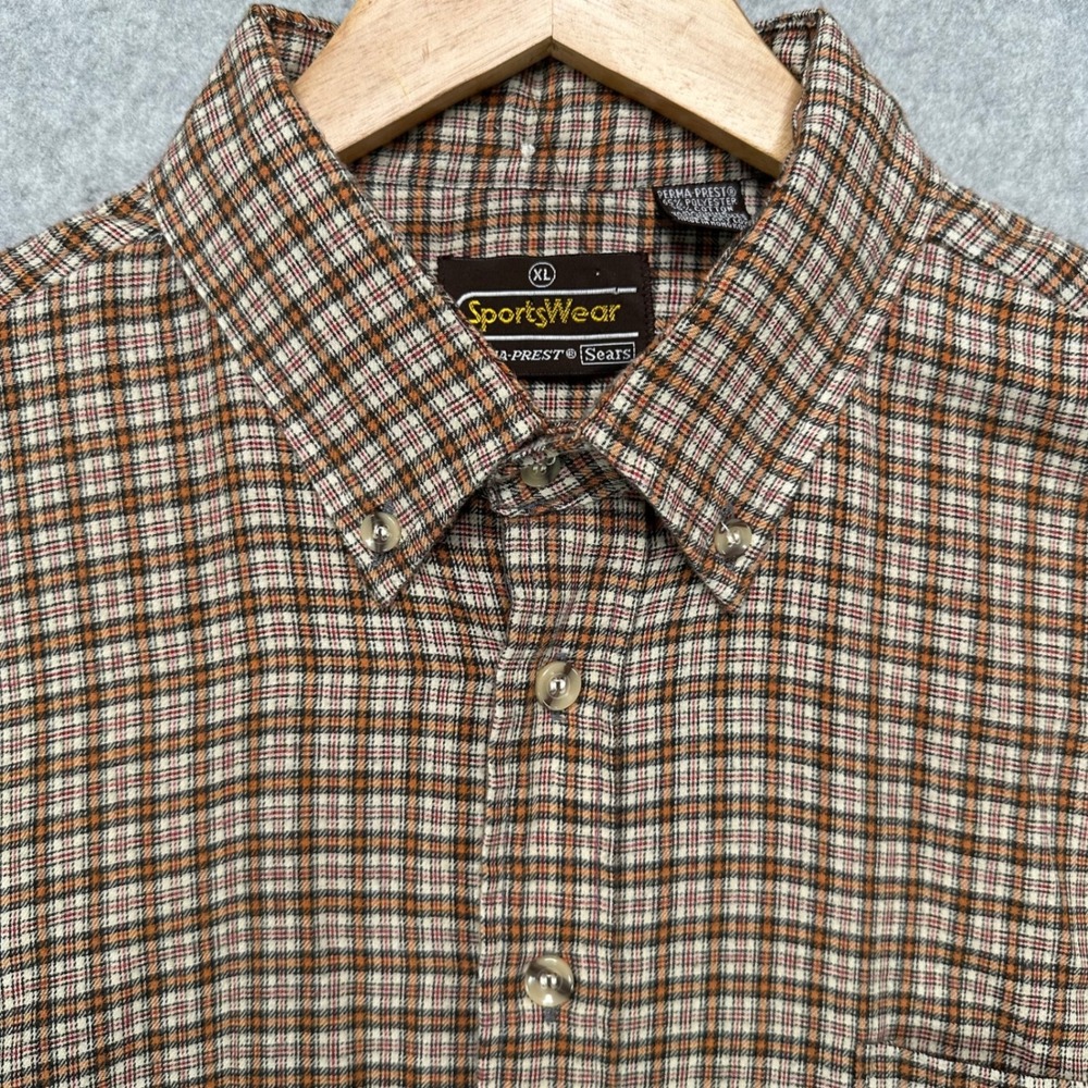 VTG 70s Sears SportsWear Mens XL Plaid Perma-Prest Button Down Flannel Shirt